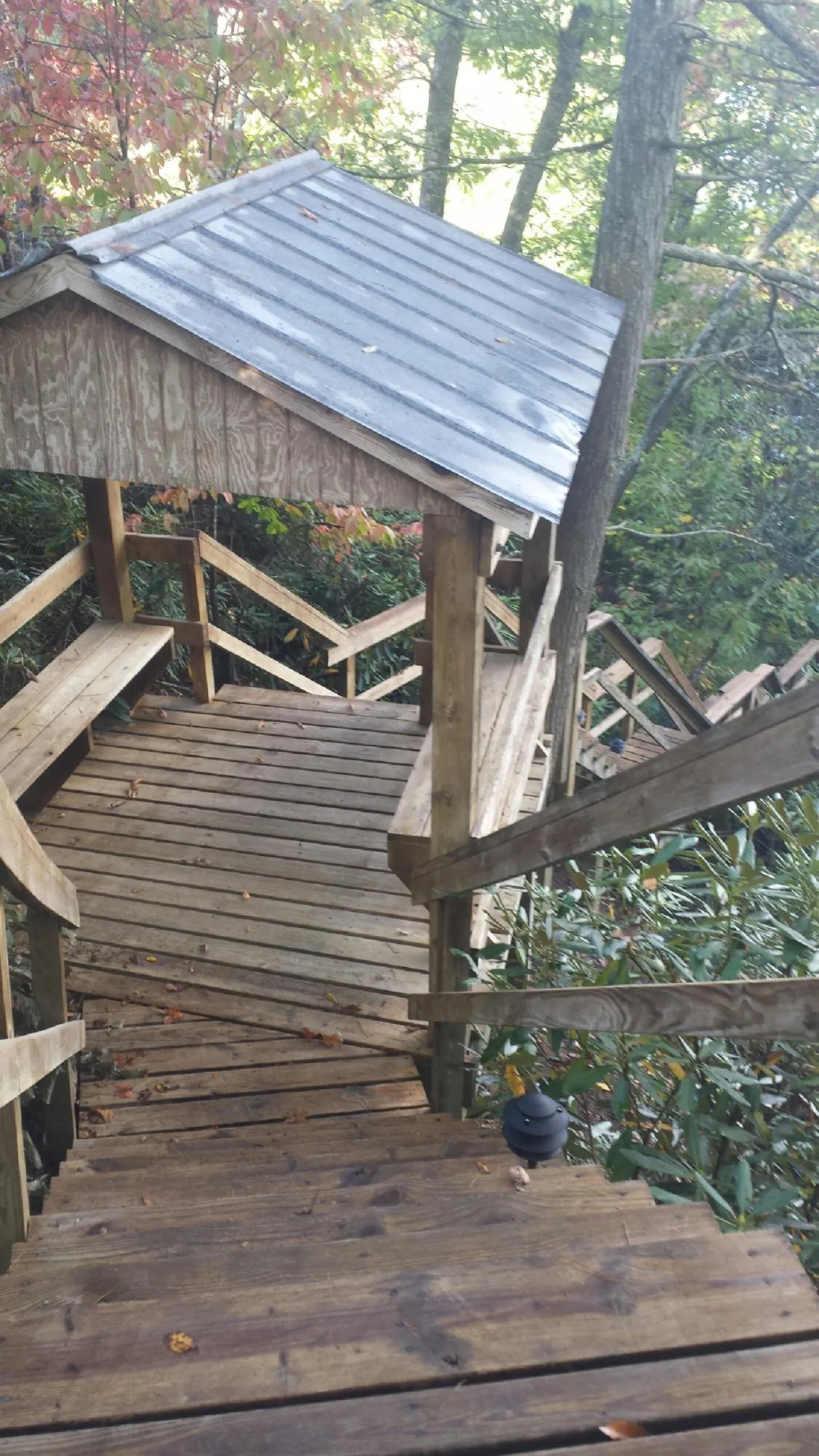 Metal roofed shelter over wooden steps on a wooded walkway — Skylight Repair & Installation work by our crew in Etta